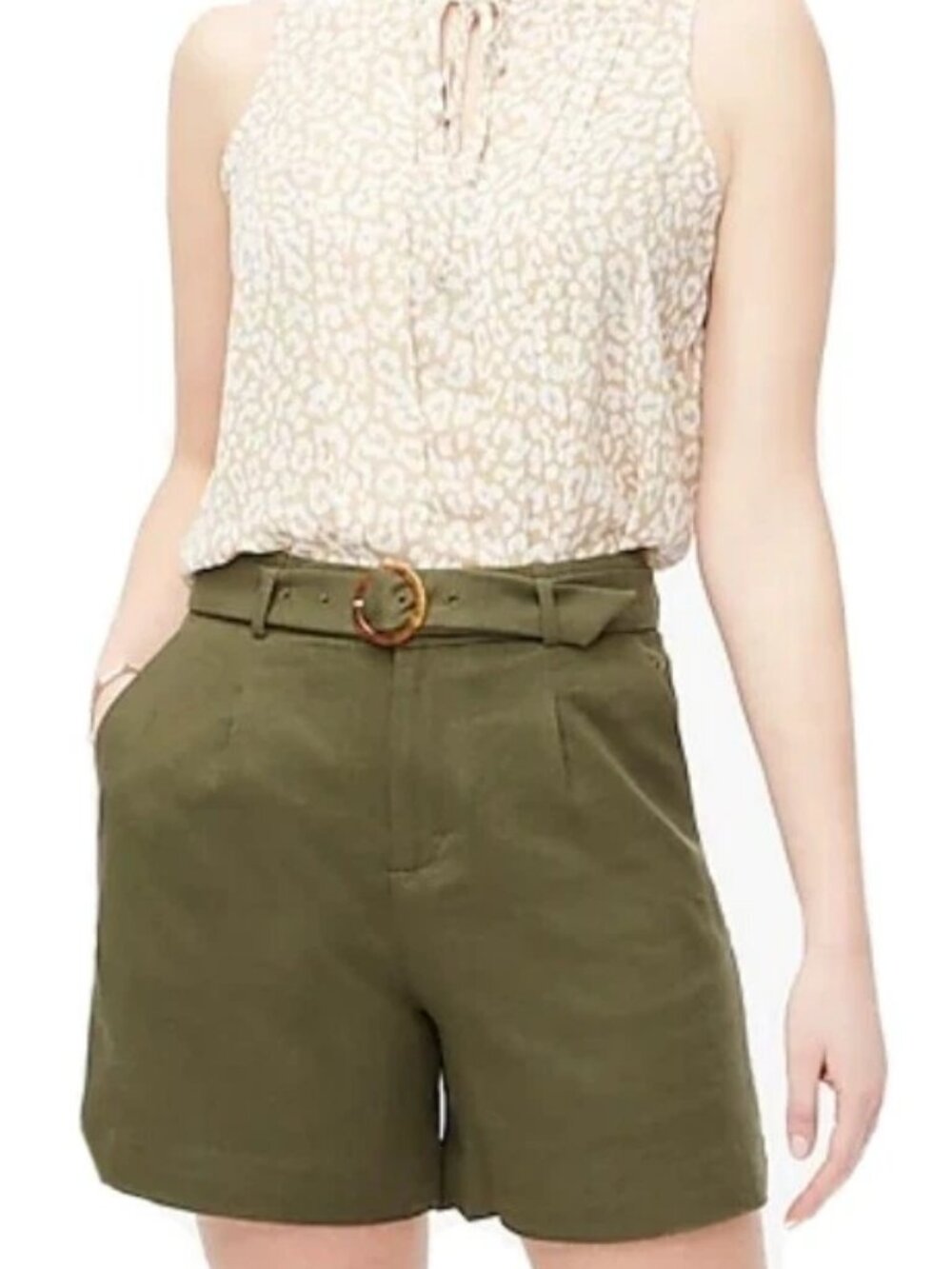 NWT J. Crew 0 Linen Loden Green Olive High Waisted Belted Shorts Boho Coastal